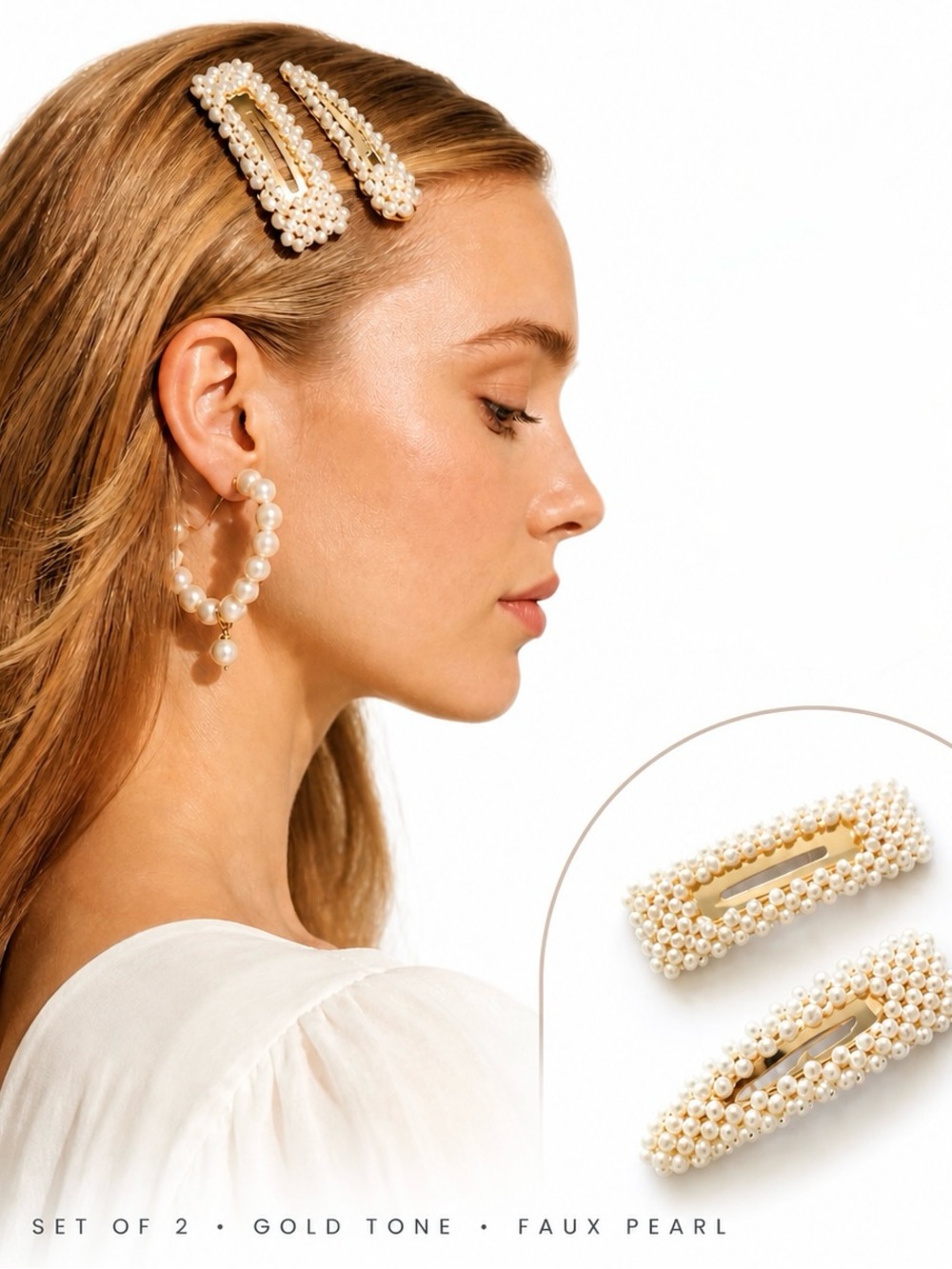 Pearl Hair Clip Set Gold Tone Barrettes Coquette Bridal OS